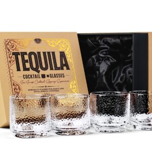 GLASSIQUE CADEAU Tequila Sipping and Cocktail Glasses | Set of 4 | 10 oz Hammered Rocks Glasses for Drinking Mezcal, Margarita, Paloma | Thick Lowball Glasses | Tequila Glassware Collection