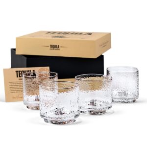 GLASSIQUE CADEAU Tequila Sipping and Cocktail Glasses | Set of 4 | 10 oz Hammered Rocks Glasses for Drinking Mezcal, Margarita, Paloma | Thick Lowball Glasses | Tequila Glassware Collection