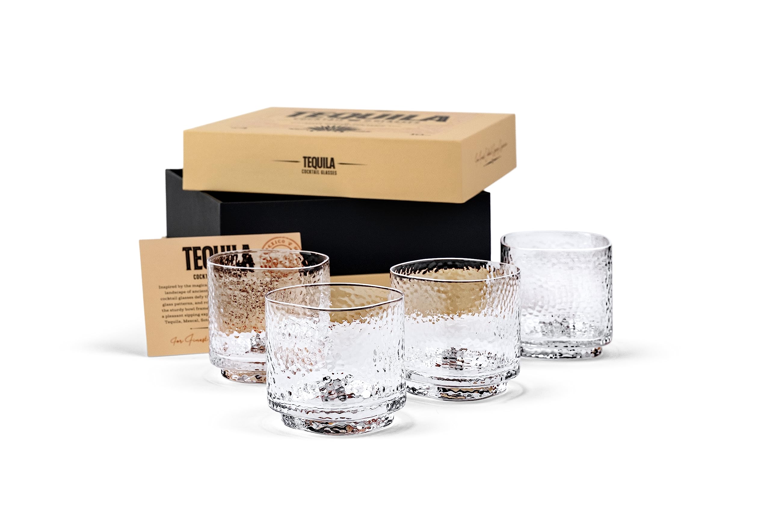 GLASSIQUE CADEAU Tequila Sipping and Cocktail Glasses | Set of 4 | 10 oz Hammered Rocks Glasses for Drinking Mezcal, Margarita, Paloma | Thick Lowball Glasses | Tequila Glassware Collection