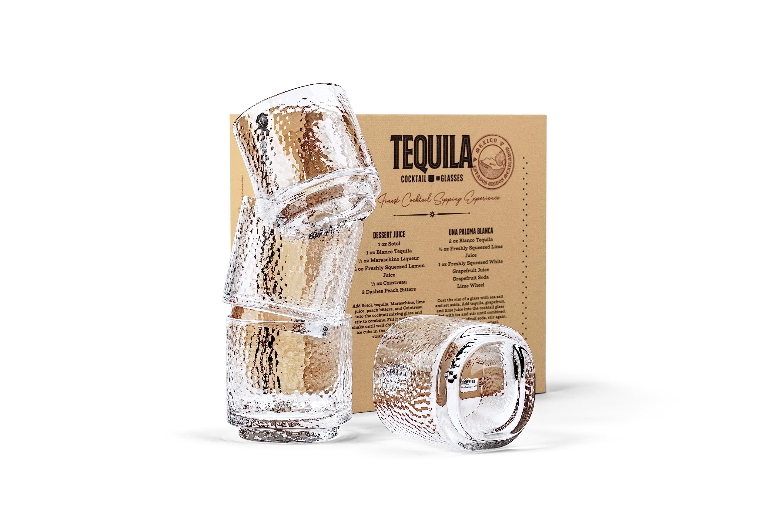 GLASSIQUE CADEAU Tequila Sipping and Cocktail Glasses | Set of 4 | 10 oz Hammered Rocks Glasses for Drinking Mezcal, Margarita, Paloma | Thick Lowball Glasses | Tequila Glassware Collection