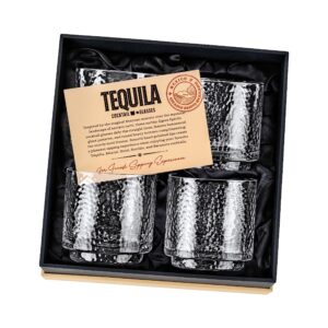 GLASSIQUE CADEAU Tequila Sipping and Cocktail Glasses | Set of 4 | 10 oz Hammered Rocks Glasses for Drinking Mezcal, Margarita, Paloma | Thick Lowball Glasses | Tequila Glassware Collection