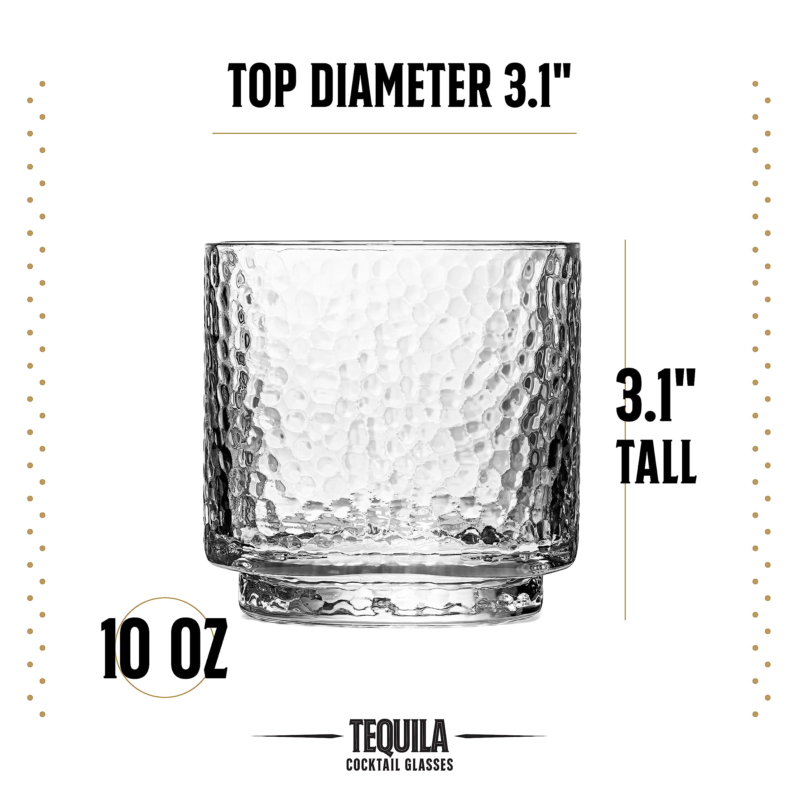 GLASSIQUE CADEAU Tequila Sipping and Cocktail Glasses | Set of 4 | 10 oz Hammered Rocks Glasses for Drinking Mezcal, Margarita, Paloma | Thick Lowball Glasses | Tequila Glassware Collection