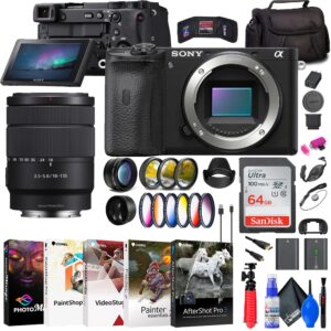sony a6600 mirrorless camera (ilce6600/b) e 18-135mm lens + wide angle lens + telephoto lens + color filter kit + lens hood + bag + np-fz100 compatible battery + 64gb card + more (renewed)