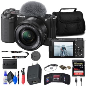 sony zv-e10 mirrorless camera with 16-50mm lens (black) (ilczv-e10l/b) + 64gb memory card + card reader + case + flex tripod + memory wallet + cap keeper + cleaning kit (renewed)