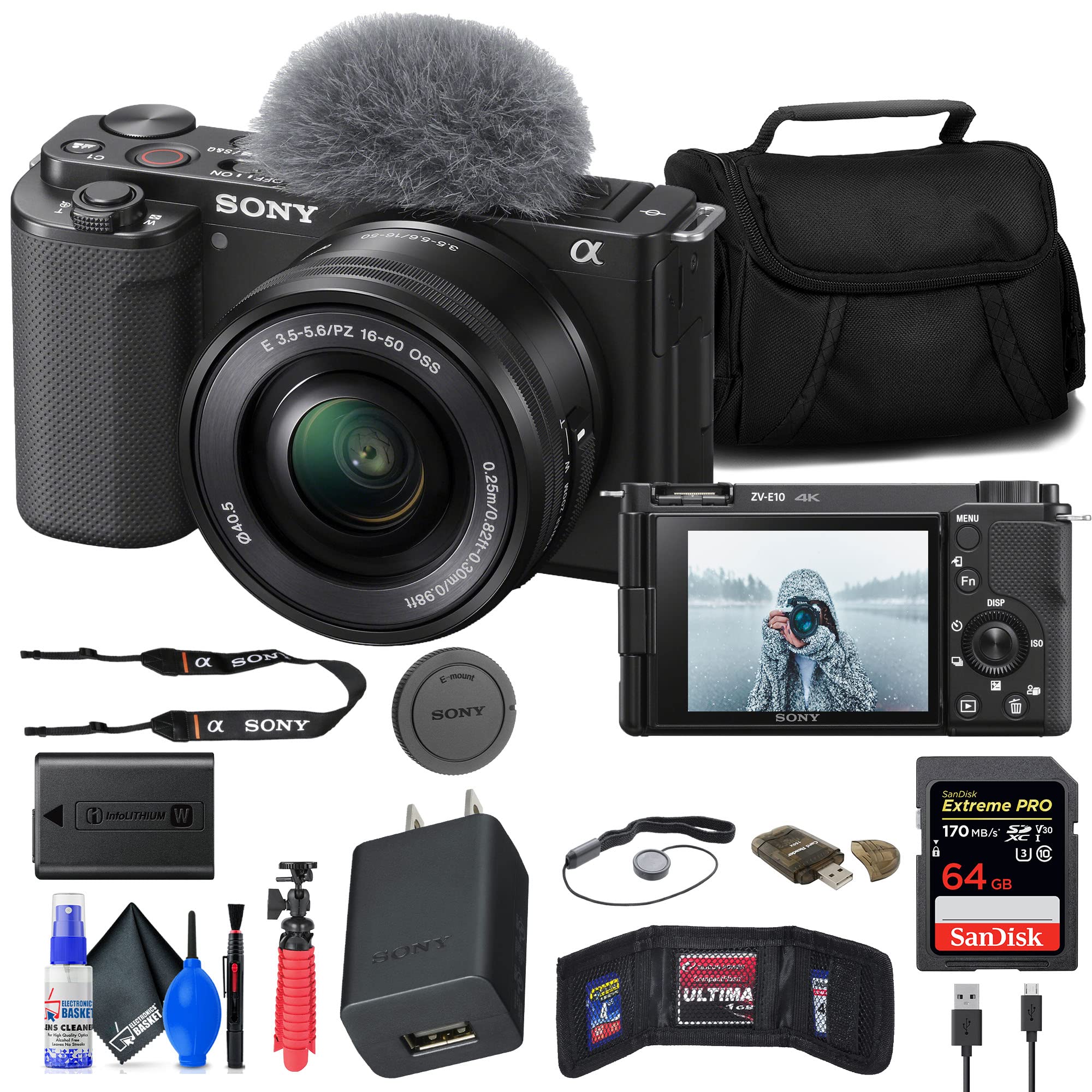 Sony ZV-E10 Mirrorless Camera with 16-50mm Lens (Black) (ILCZV-E10L/B) + 64GB Memory Card + Card Reader + Case + Flex Tripod + Memory Wallet + Cap Keeper + Cleaning Kit (Renewed)