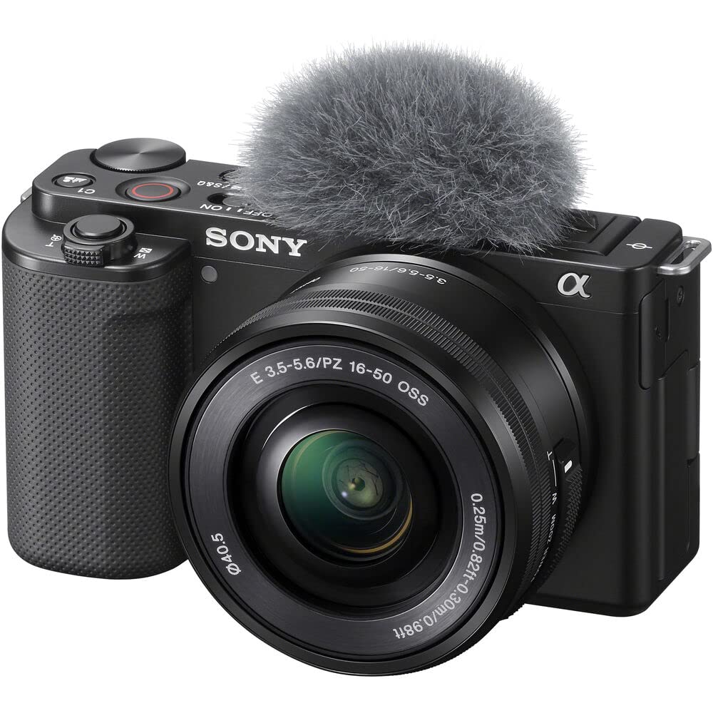 Sony ZV-E10 Mirrorless Camera with 16-50mm Lens (Black) (ILCZV-E10L/B) + 64GB Memory Card + Card Reader + Case + Flex Tripod + Memory Wallet + Cap Keeper + Cleaning Kit (Renewed)