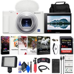 sony zv-1 digital camera (white) (dczv1/w) + 64gb memory card + case + 2 x np-bx1 battery + card reader + led light + corel photo software + hdmi cable + charger + flex tripod + more (renewed)