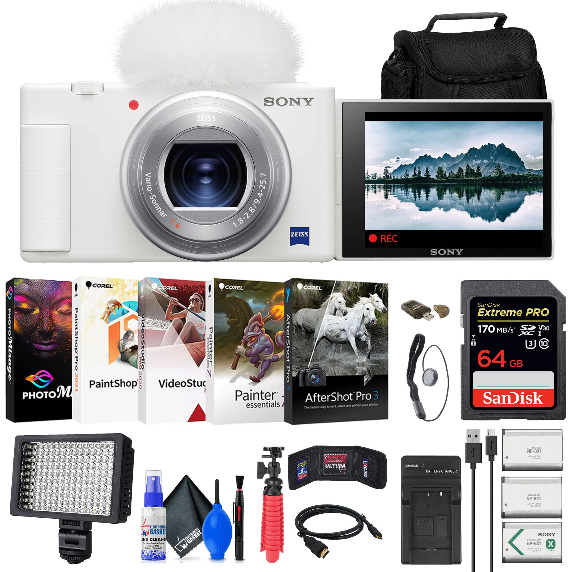 Sony ZV-1 Digital Camera (White) (DCZV1/W) + 64GB Memory Card + Case + 2 x NP-BX1 Battery + Card Reader + LED Light + Corel Photo Software + HDMI Cable + Charger + Flex Tripod + More (Renewed)