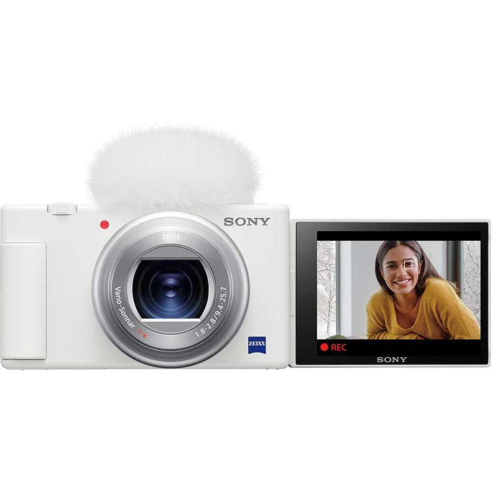 Sony ZV-1 Digital Camera (White) (DCZV1/W) + 64GB Memory Card + Case + 2 x NP-BX1 Battery + Card Reader + LED Light + Corel Photo Software + HDMI Cable + Charger + Flex Tripod + More (Renewed)