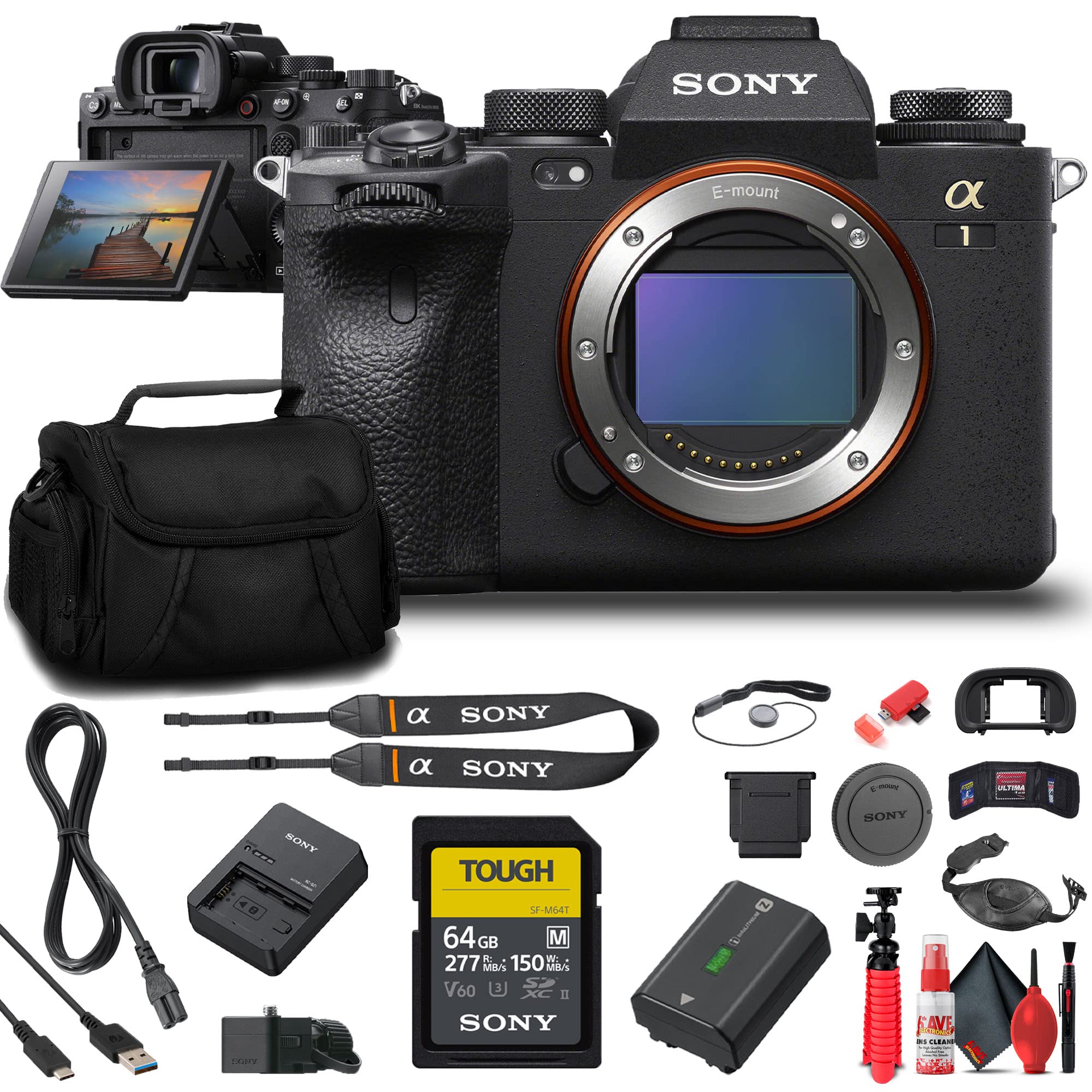 Sony a1 Mirrorless Camera (ILCE-1/B) + 64GB Memory Card + Bag + Flex Tripod + Hand Strap + Memory Wallet + Cap Keeper + Cleaning Kit (Renewed)
