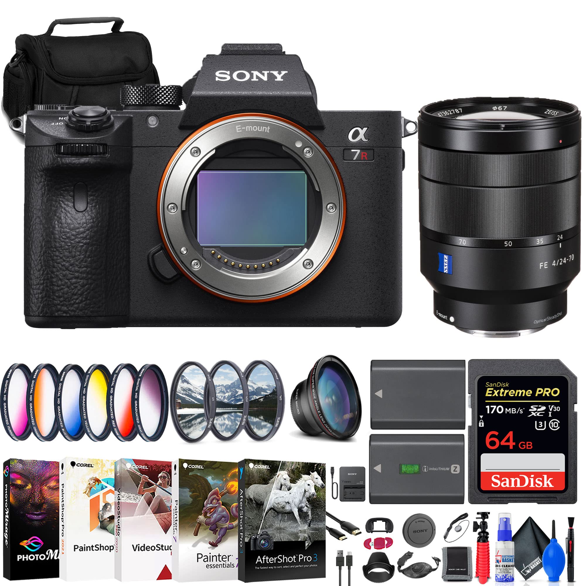 Sony a7R IIIA Mirrorless Camera (ILCE7RM3A/B) FE 24-70mm Lens (SEL2470Z) + 64GB Memory Card + Filter Kit + Wide Angle Lens + Color Filter Kit + Lens Hood + Bag + More (Renewed)