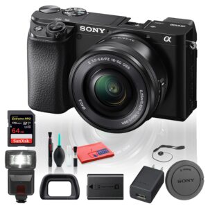 sony alpha a6100 mirrorless digital camera (ilce6100l/b) with 16-50mm lenses with flash, 64gb memory card, cleaning set and more (renewed)