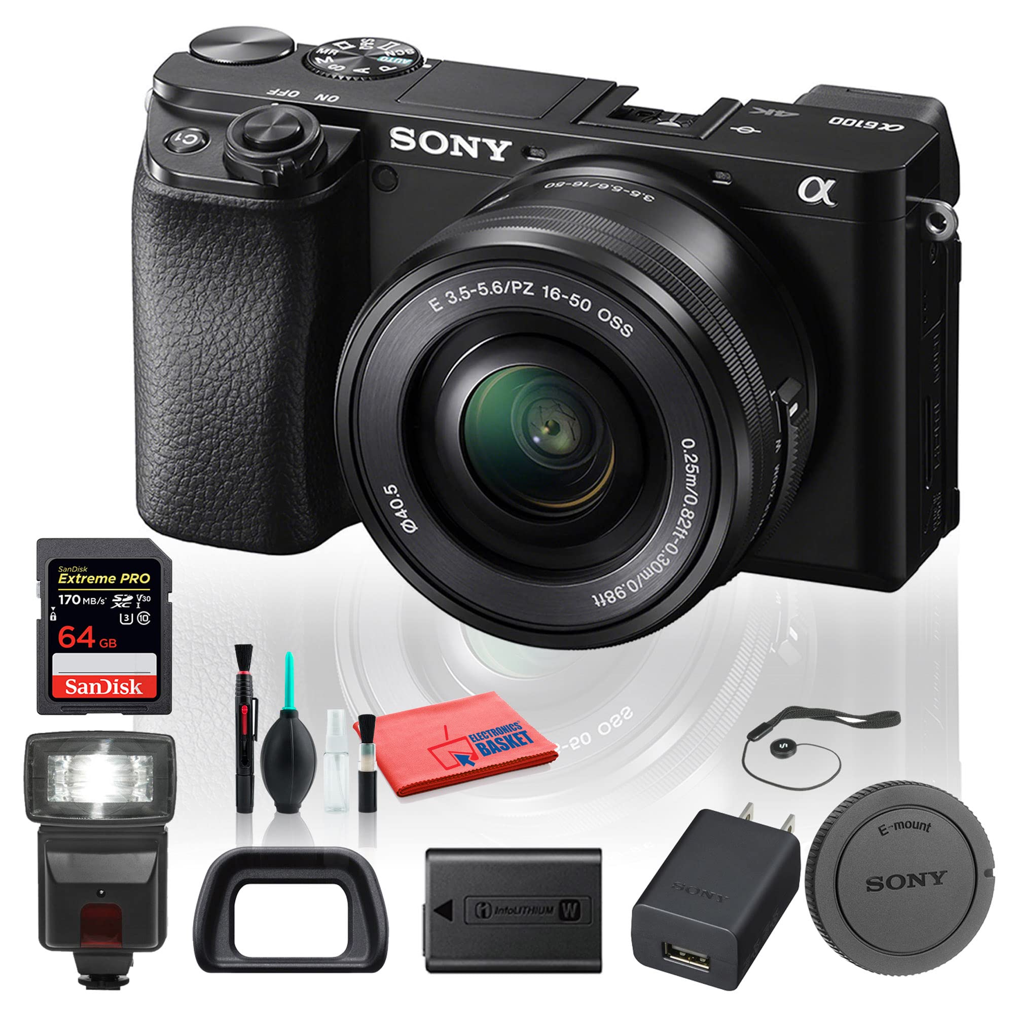 Sony Alpha a6100 Mirrorless Digital Camera (ILCE6100L/B) with 16-50mm Lenses with Flash, 64GB Memory Card, Cleaning Set and More (Renewed)