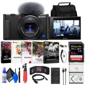 sony zv-1 digital camera (black) (dczv1/b) + 64gb card + case + np-bx1 battery + card reader + corel photo software + hdmi cable + charger + flex tripod + memory wallet + cap keeper + more (renewed)