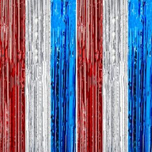 dazzle bright 2 pack backdrop curtain, 3ft x 8ft metallic tinsel foil fringe curtains photo booth background for baby shower birthday wedding 4th of july party decorations (red white and blue)
