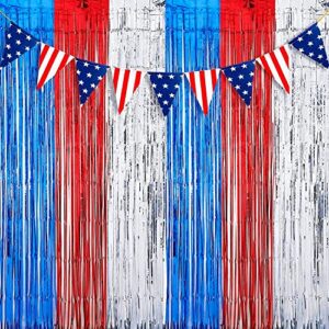 Dazzle Bright 2 Pack Backdrop Curtain, 3FT x 8FT Metallic Tinsel Foil Fringe Curtains Photo Booth Background for Baby Shower Birthday Wedding 4th of July Party Decorations (Red White and Blue)