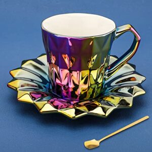 vcxox ceramic coffee mug, creative french style cup with electroplated geometry saucer & spoon sets, novelty coffee cup,6 oz/180 ml for tea latte milk (purple)