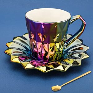 VCXOX Ceramic Coffee Mug, Creative French style Cup with Electroplated Geometry Saucer & Spoon Sets, Novelty Coffee Cup,6 oz/180 ml for Tea Latte Milk (purple)