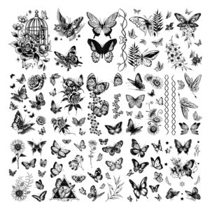 cerlaza 20 sheets small butterfly temporary tattoos for women, 120 styles black butterflies tattoo stickers waterproof long lasting, butterfly themed decorations gifts for girls kids