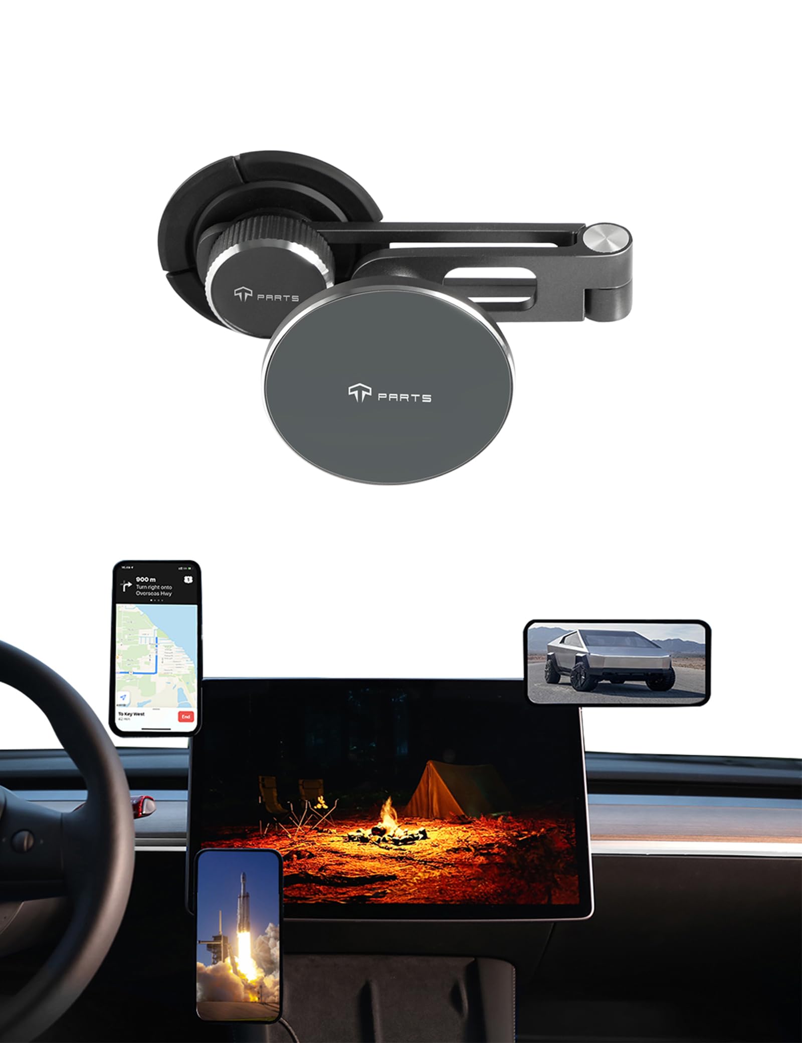 TPARTS Foldable Magnetic Car Mount, Hidden Design for Tesla Model 3/Y, Compatible with iPhone 15 Pro, 14, 13, 12, MagSafe Cases