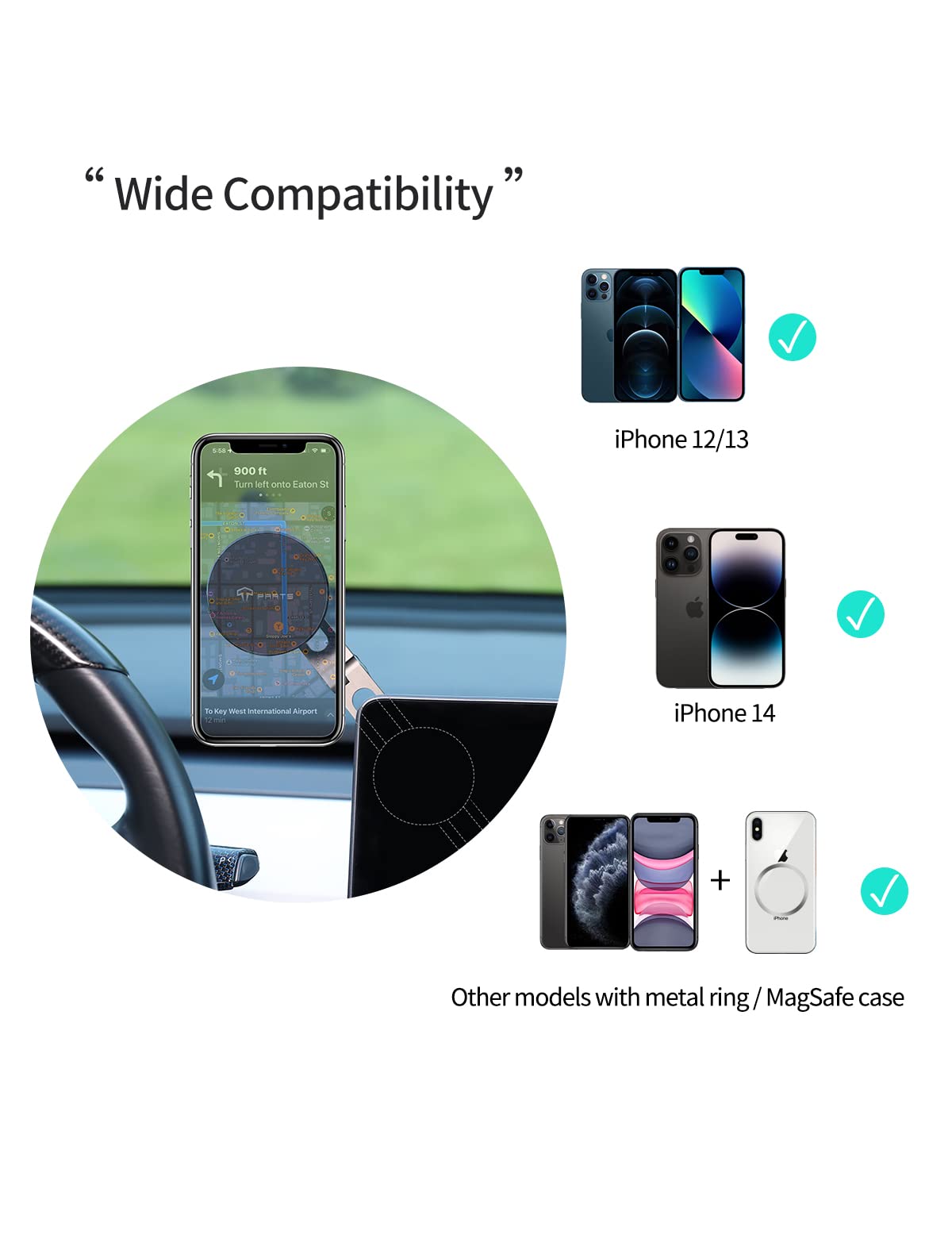 TPARTS Foldable Magnetic Car Mount, Hidden Design for Tesla Model 3/Y, Compatible with iPhone 15 Pro, 14, 13, 12, MagSafe Cases