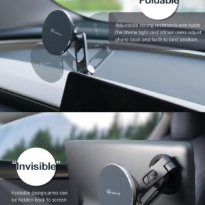 TPARTS Foldable Magnetic Car Mount, Hidden Design for Tesla Model 3/Y, Compatible with iPhone 15 Pro, 14, 13, 12, MagSafe Cases