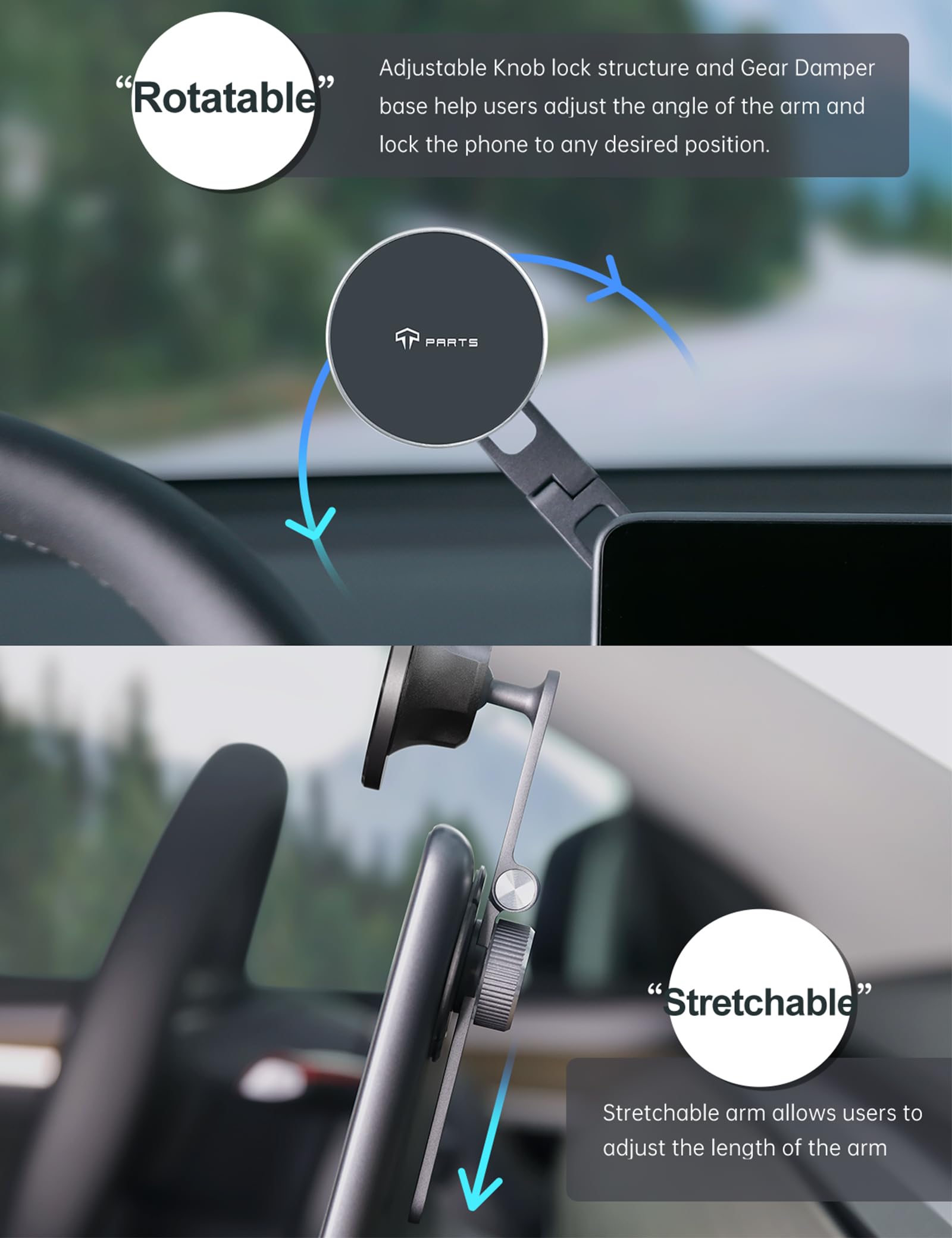 TPARTS Foldable Magnetic Car Mount, Hidden Design for Tesla Model 3/Y, Compatible with iPhone 15 Pro, 14, 13, 12, MagSafe Cases