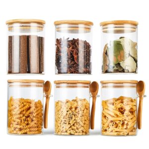 erised 6pack-39oz,glass jars containers with bamboo airtight lid & spoon, food storage canister, clear glass canisters for cookie, candy, coffee, sugar, matcha tea, flour, nuts & more