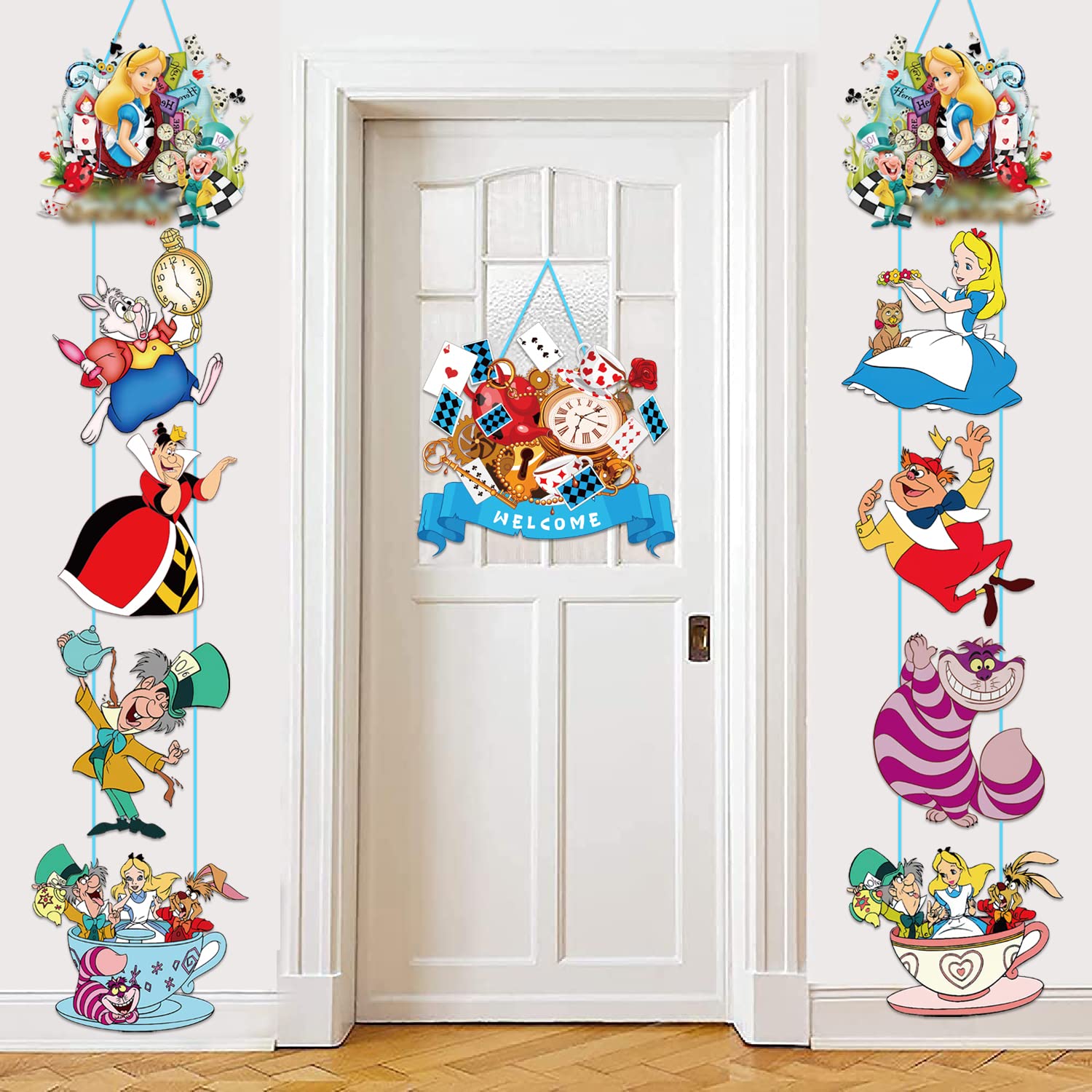 Alice In Wonderland Door Sign Banner,Designed Door, Hanging Banner,Porch Sign Banners,Welcome Hanging Alice for Tea Party Birthday Party Alice In Wonderland Party Decorations