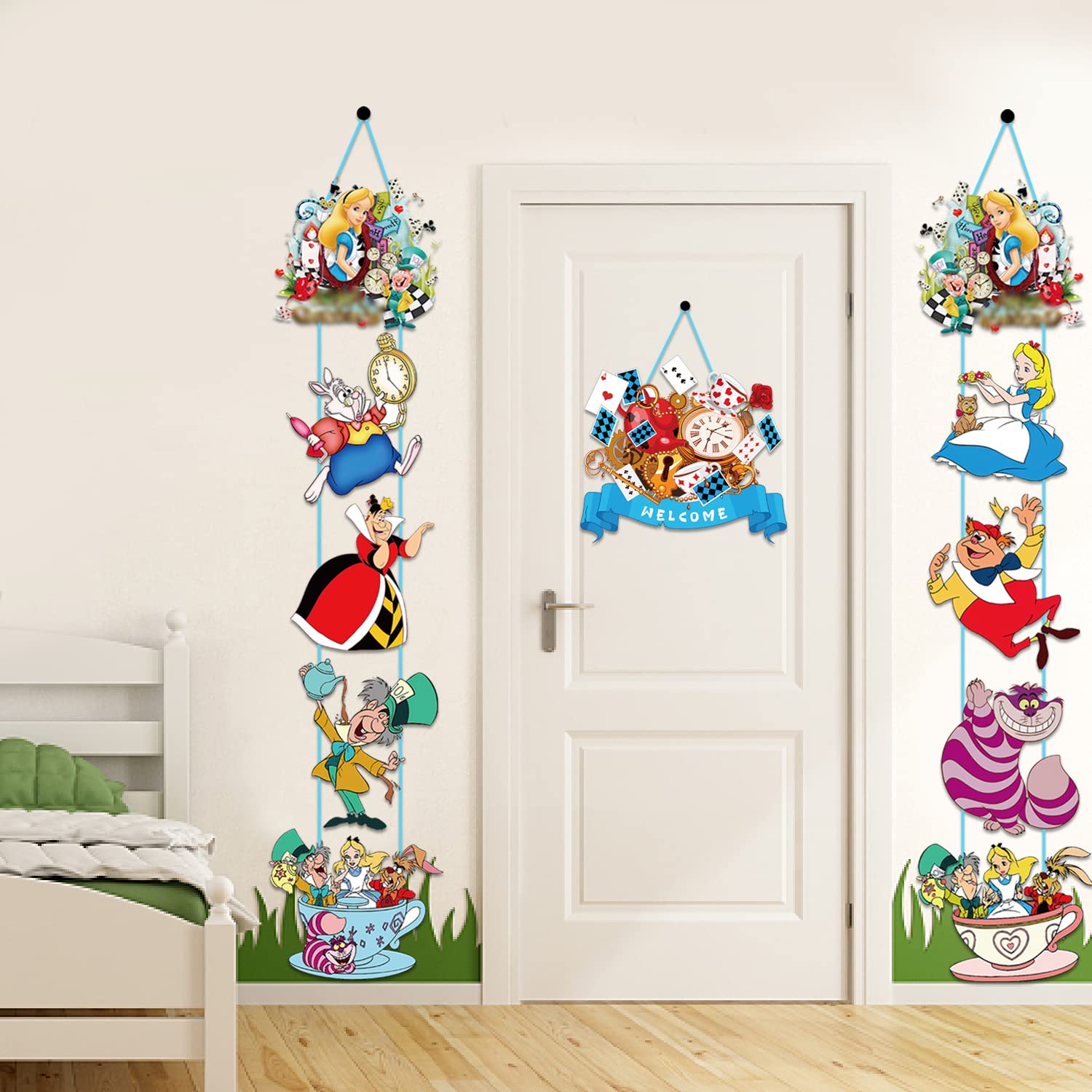 Alice In Wonderland Door Sign Banner,Designed Door, Hanging Banner,Porch Sign Banners,Welcome Hanging Alice for Tea Party Birthday Party Alice In Wonderland Party Decorations