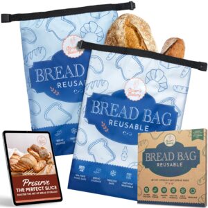 reusable bread bags for homemade bread- sourdough bread bags- freezer safe, bpa-free homemade bread storage bags- bread storage containers double lining & zipper. classic blue- 2 pack- oscar's bakery