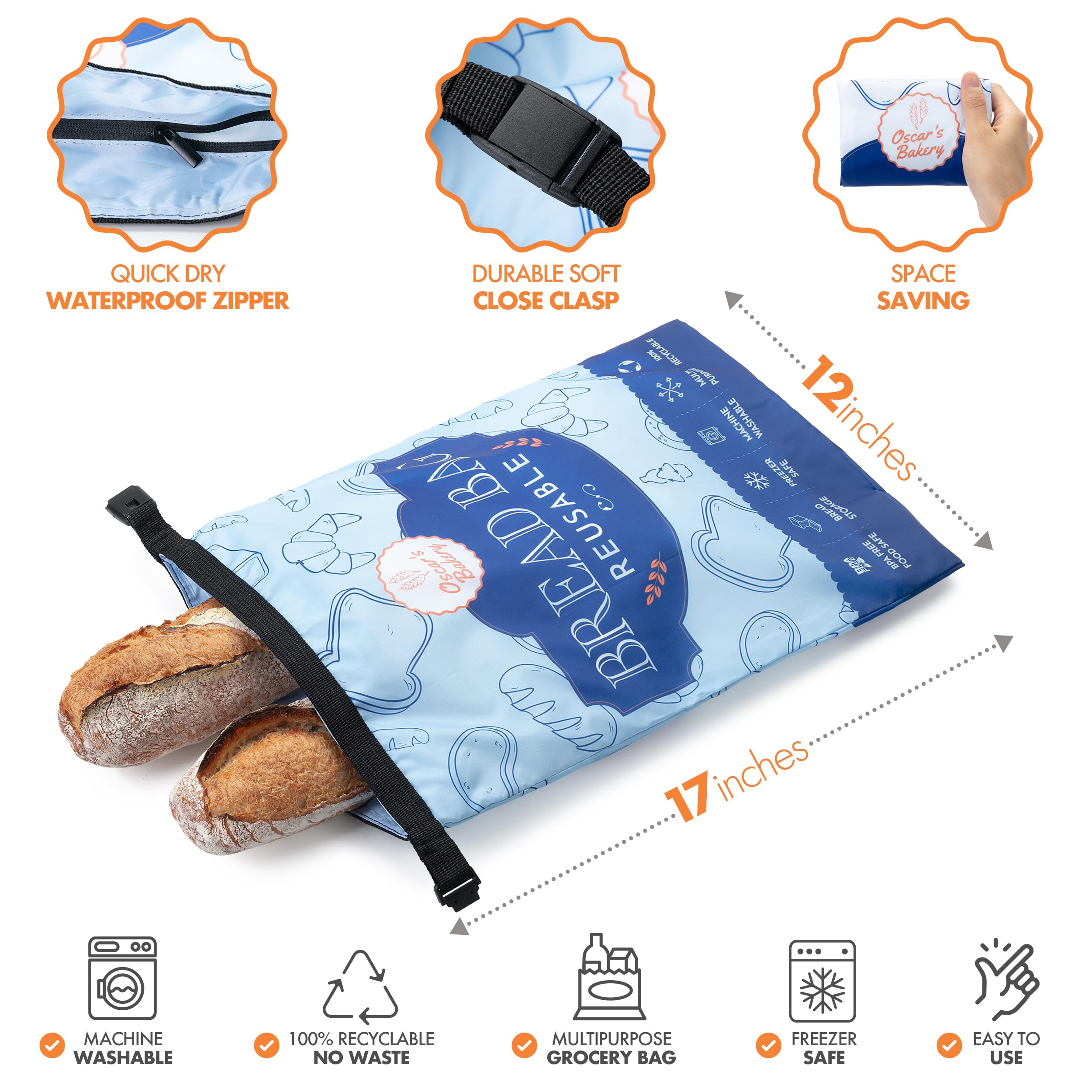 Reusable Bread Bags for Homemade Bread- Sourdough Bread Bags- Freezer Safe, BPA-Free Homemade Bread Storage Bags- Bread storage containers Double Lining & Zipper. Classic Blue- 2 Pack- Oscar's Bakery