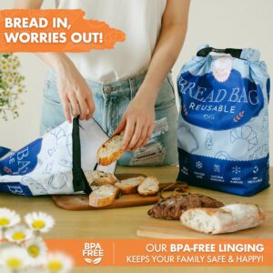 Reusable Bread Bags for Homemade Bread- Sourdough Bread Bags- Freezer Safe, BPA-Free Homemade Bread Storage Bags- Bread storage containers Double Lining & Zipper. Classic Blue- 2 Pack- Oscar's Bakery