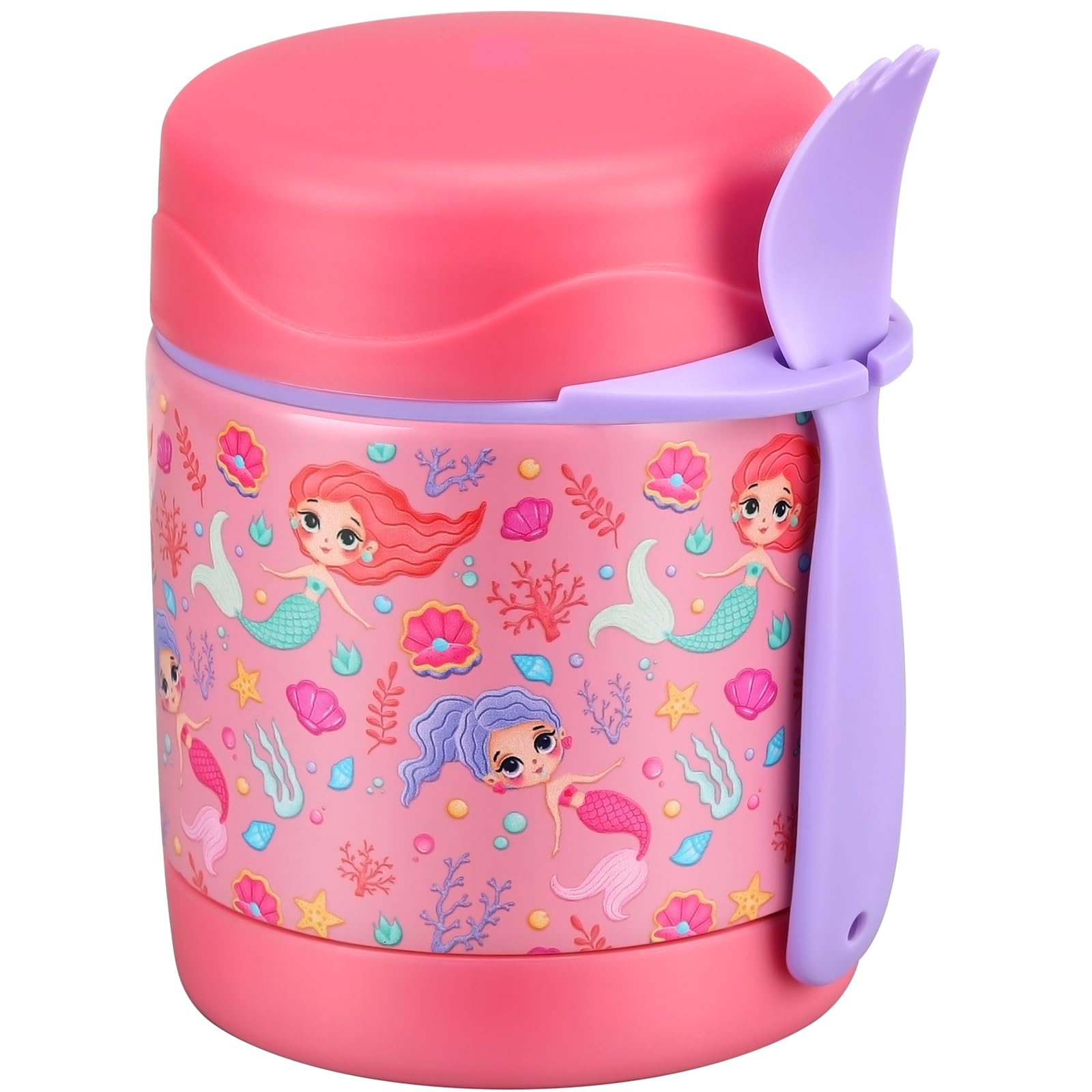 Pawtong 10oz Soup Thermo for Hot Food Kids Insulated Food Jar,Thermo Hot Food Lunch Container, Width Mouth Stainless Steel Lunch Box for Kids with Spoon (Pink-mermaid)