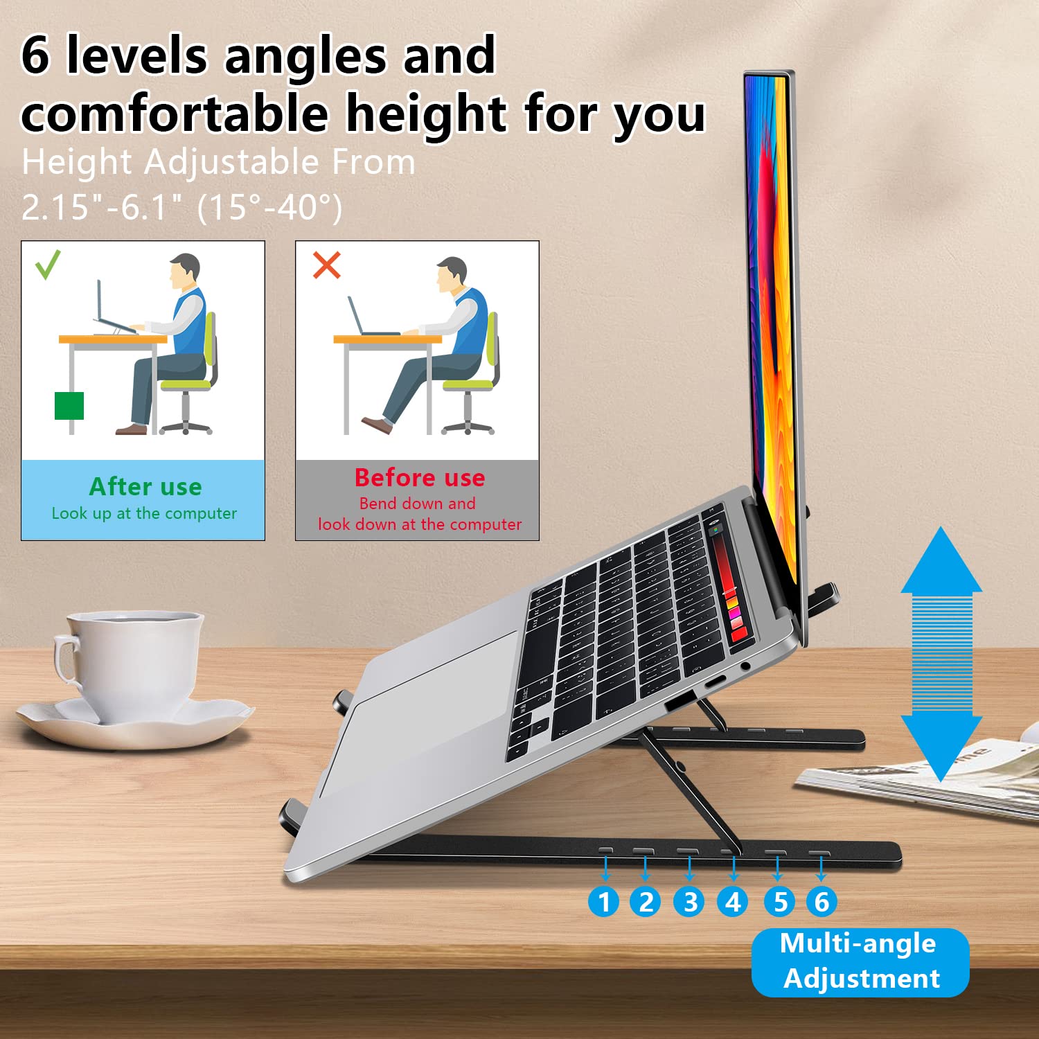 FOBELEC Laptop Stand, Adjustable Ergonomic Portable Aluminum Laptop Holder, Foldable Computer Stand 6 Angles Anti-Slip Laptop Riser Compatible with 4-17 inch Laptops