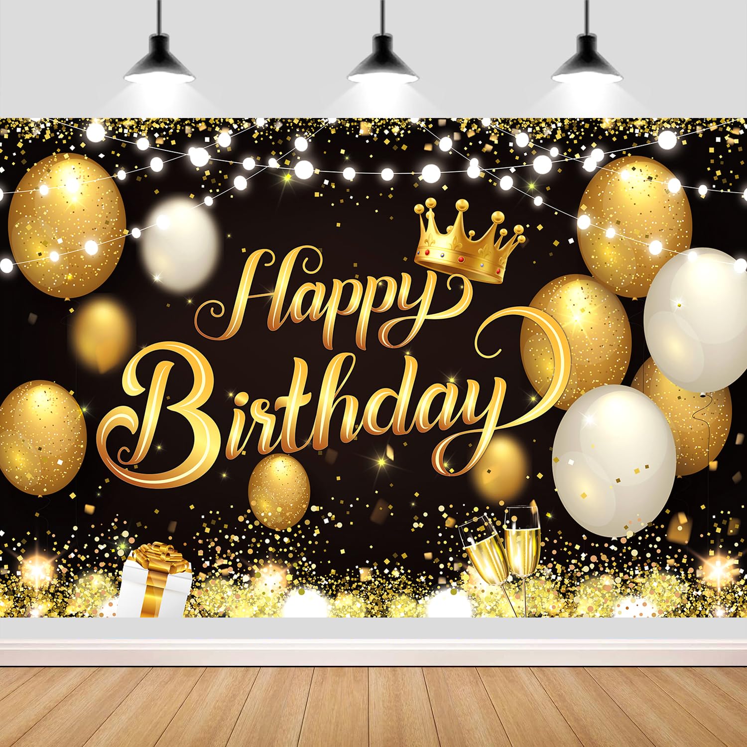 YinQin 180x120 cm Black Gold Happy Birthday Party Backdrops Cloth 71x47 in. Glitter Black Gold Happy Birthday Photography Backgrounds Banners Black Gold Happy Birthday Sign Decorations for Men Women