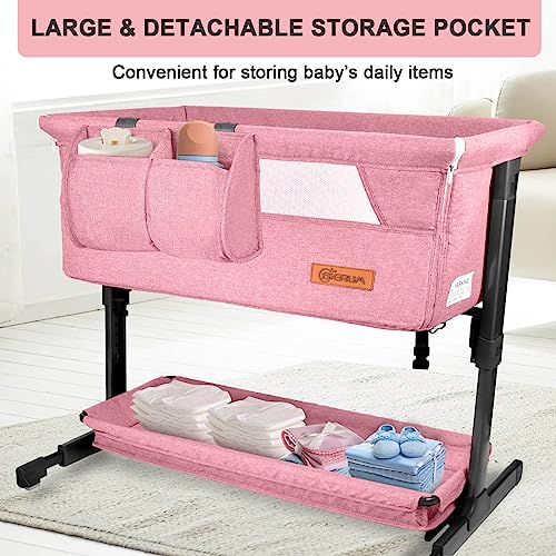 BIERUM Baby Bassinet, Bedside Sleeper for Baby, 6 Height Adjustable Bedside Bassinet with Wheels, Easy to Assemble Bedside Crid with Large Storage Bag for Newborn, Mattress & Mosquito Net Included