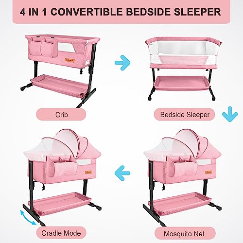 BIERUM Baby Bassinet, Bedside Sleeper for Baby, 6 Height Adjustable Bedside Bassinet with Wheels, Easy to Assemble Bedside Crid with Large Storage Bag for Newborn, Mattress & Mosquito Net Included