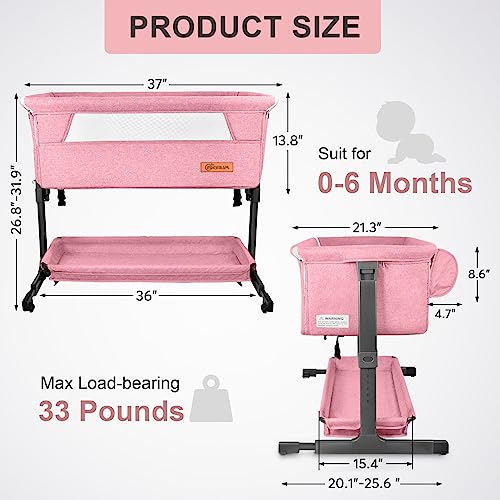 BIERUM Baby Bassinet, Bedside Sleeper for Baby, 6 Height Adjustable Bedside Bassinet with Wheels, Easy to Assemble Bedside Crid with Large Storage Bag for Newborn, Mattress & Mosquito Net Included