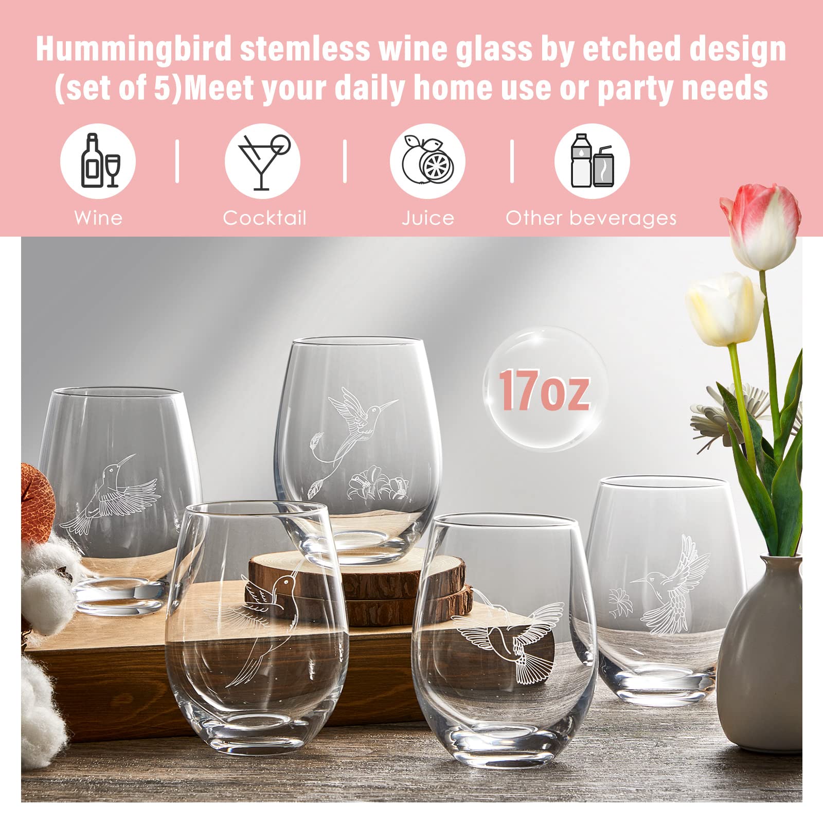 Zubebe 5 Pieces Hummingbird Stemless Wine Glasses 17 oz Hummingbird Cups Laser Engraved Wine Glasses Hummingbird Themed Gifts for Christmas Birthday Retirement Anniversaries Father's Day Mother's Day