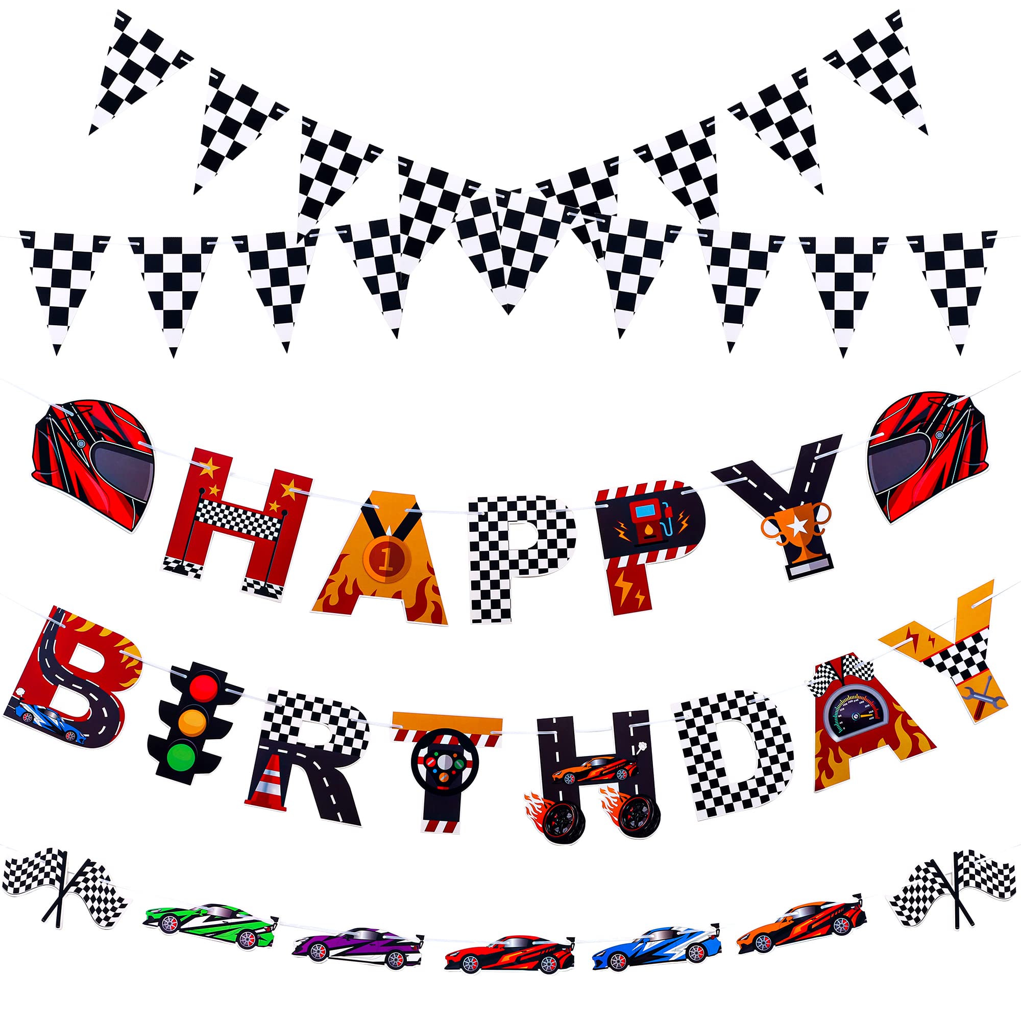 Set of 5 Race Car Party Banners Happy Birthday Paper String Banners Car Theme Garlands Banners Checkered Flag Pennants for Birthday Party Supplies Photo Props Baby Shower Wall Decor