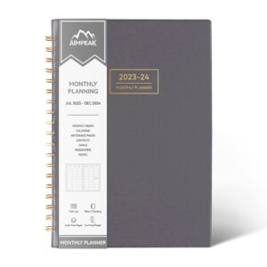 monthly planner 2023-2024, monthly calendar planner, 18-month planner, jul.2023-dec.2024, aimpeak monthly planner with spiral binding, faux leather, grey, 7"x10"