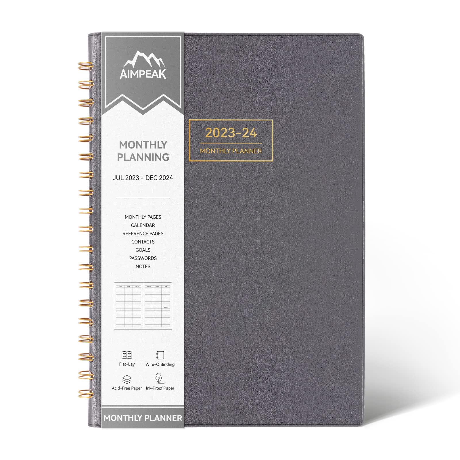 Monthly Planner 2023-2024, Monthly Calendar Planner, 18-Month Planner, Jul.2023-Dec.2024, AIMPEAK Monthly Planner with Spiral Binding, Faux Leather, Grey, 7"x10"