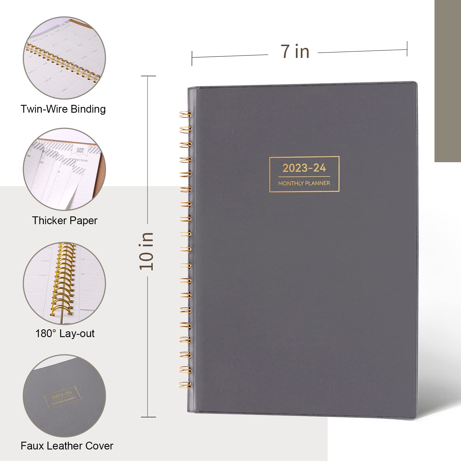 Monthly Planner 2023-2024, Monthly Calendar Planner, 18-Month Planner, Jul.2023-Dec.2024, AIMPEAK Monthly Planner with Spiral Binding, Faux Leather, Grey, 7"x10"