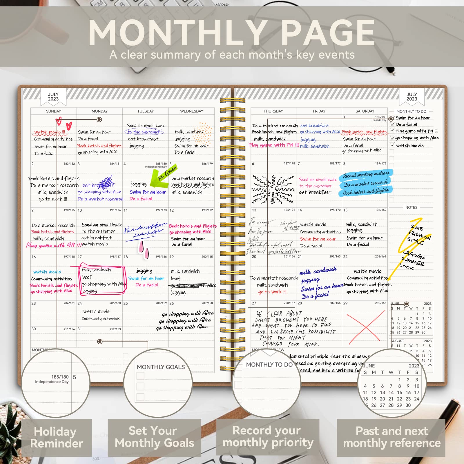 Monthly Planner 2023-2024, Monthly Calendar Planner, 18-Month Planner, Jul.2023-Dec.2024, AIMPEAK Monthly Planner with Spiral Binding, Faux Leather, Grey, 7"x10"