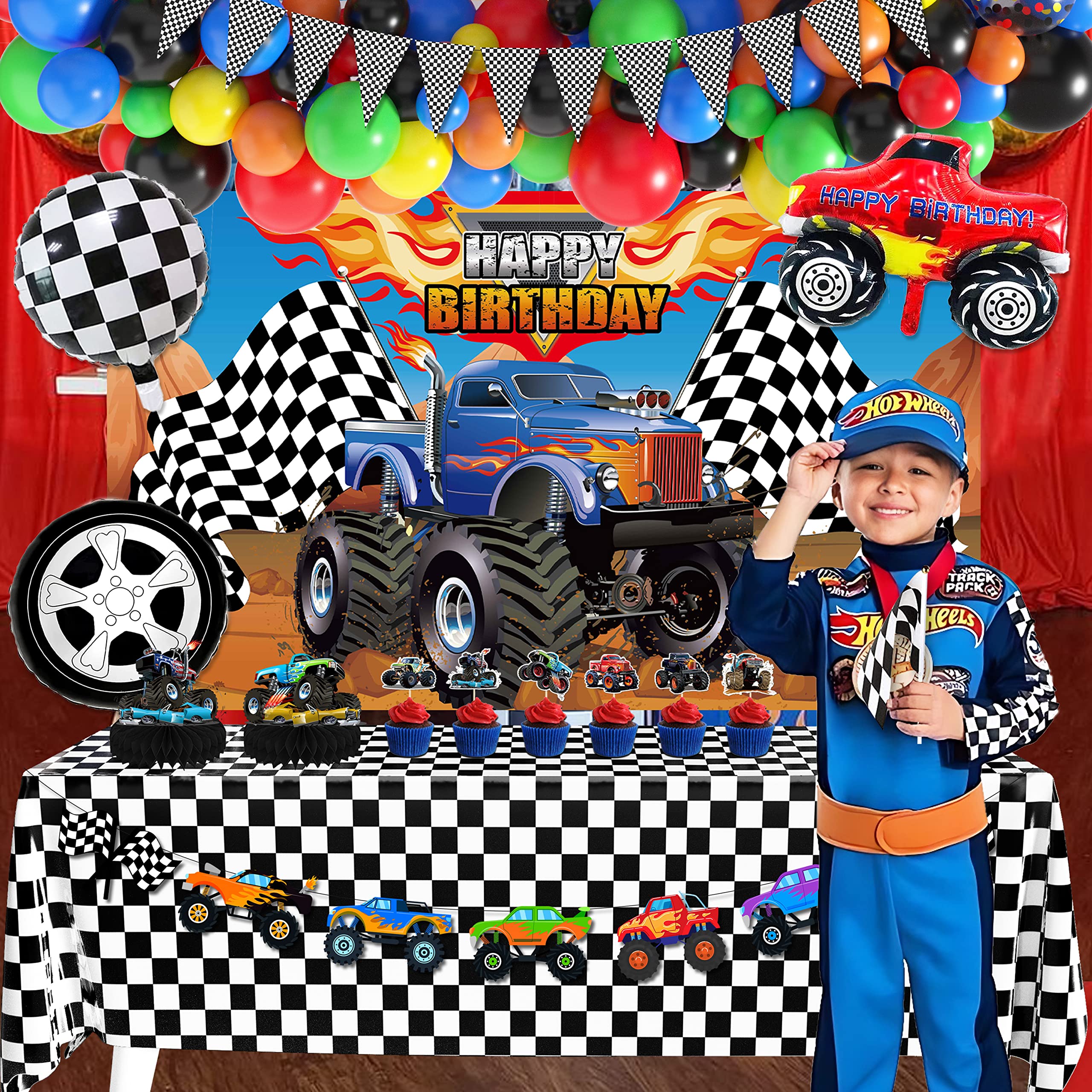 Truck Birthday Party Supplies Truck Theme Party Decorations, 99 Pcs(Backdrop Tablecloth Banner Triangle Bunting Cake Toppers Foil Balloons Honeycomb Centerpieces Flags Balloon Garland Arch Kit)