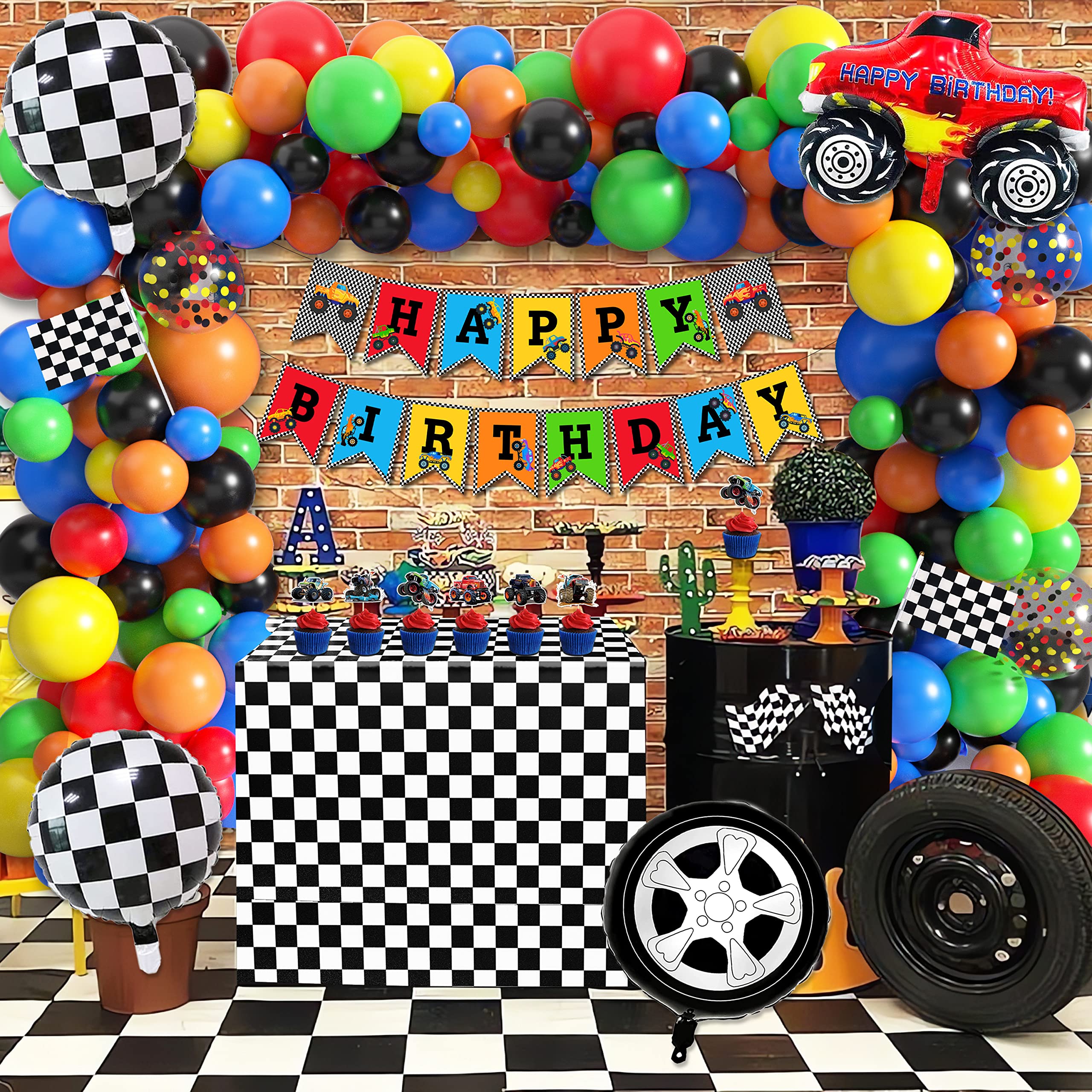 Truck Birthday Party Supplies Truck Theme Party Decorations, 99 Pcs(Backdrop Tablecloth Banner Triangle Bunting Cake Toppers Foil Balloons Honeycomb Centerpieces Flags Balloon Garland Arch Kit)