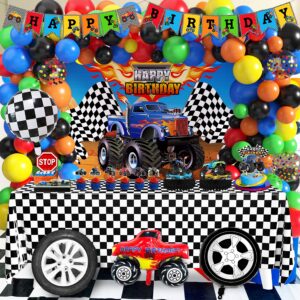 Truck Birthday Party Supplies Truck Theme Party Decorations, 99 Pcs(Backdrop Tablecloth Banner Triangle Bunting Cake Toppers Foil Balloons Honeycomb Centerpieces Flags Balloon Garland Arch Kit)