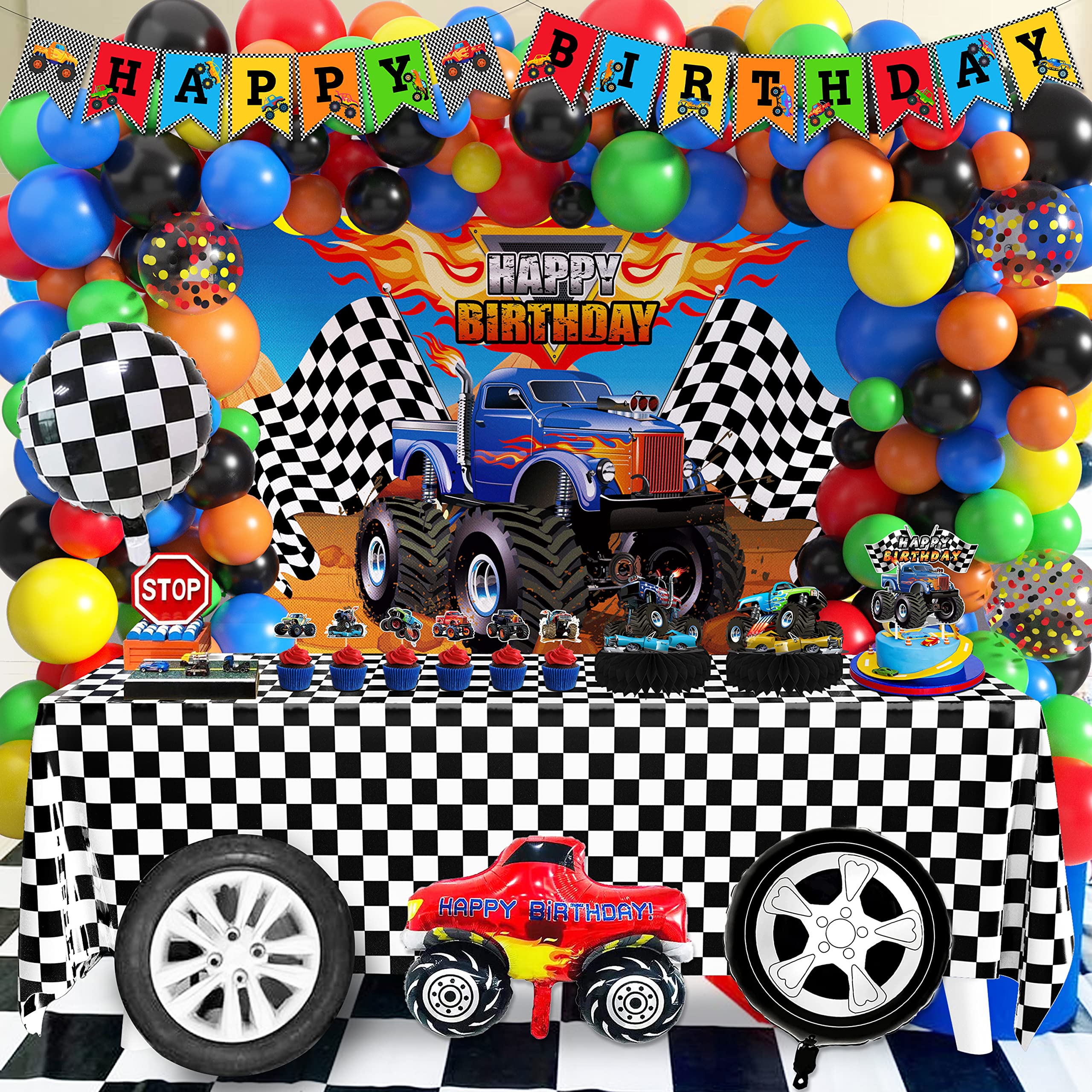 Truck Birthday Party Supplies Truck Theme Party Decorations, 99 Pcs(Backdrop Tablecloth Banner Triangle Bunting Cake Toppers Foil Balloons Honeycomb Centerpieces Flags Balloon Garland Arch Kit)