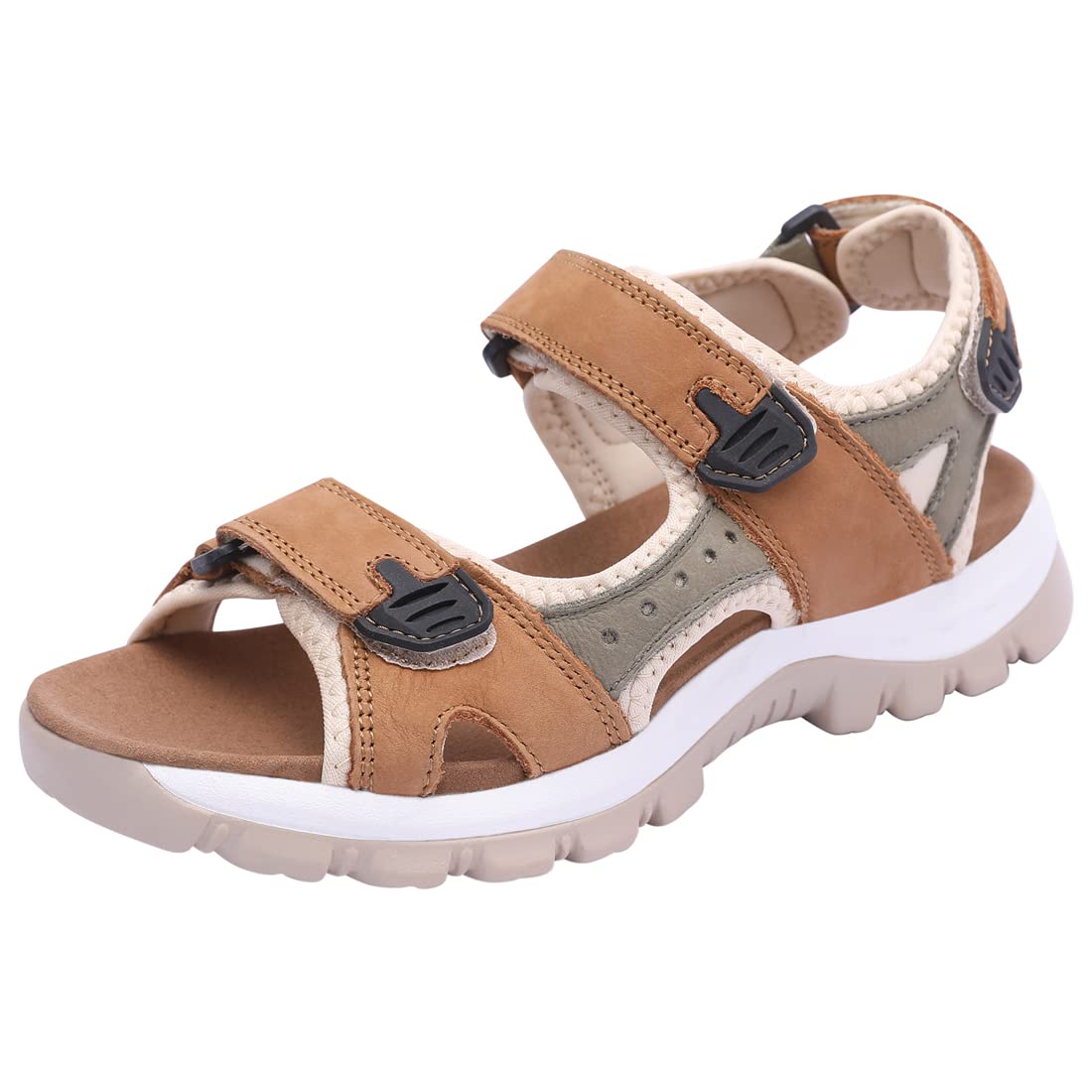 Harssidanzar Women's Leather Sandals Outdoor Sandals Hiking Sandals Casual Walking Sandals Strap Adjustable Beach Sandals For Women SL256US,Camel Grey, Size 6.5